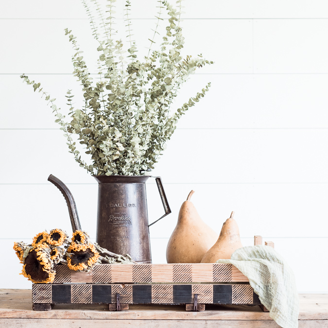 Fall Vintage Styled Tulip Crate. Using Funky Junk's Old Sign Stencils to add character to the side of the crate. Dried Sunflowers and gourds make the crate feel like Fall