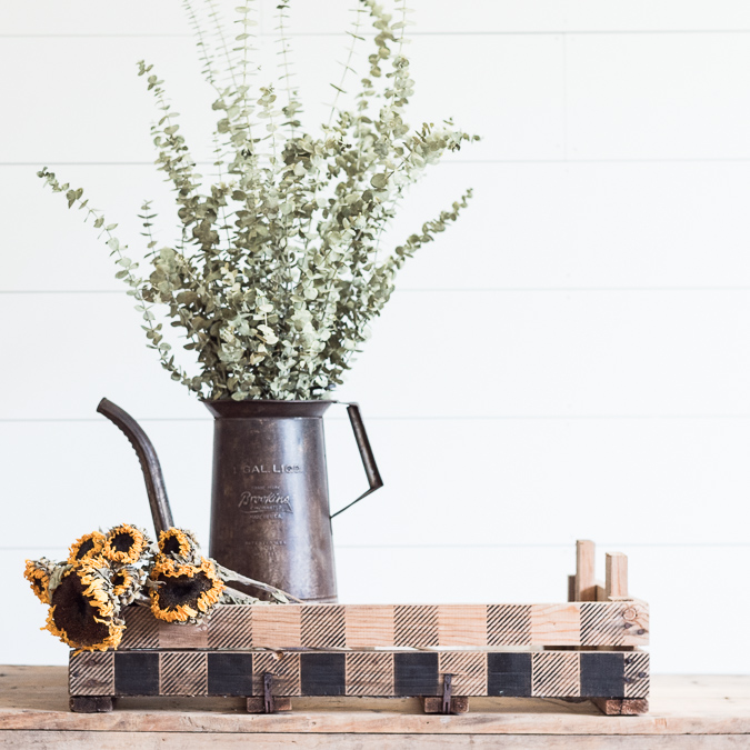 Stenciled Tulp Crate being Styled for Fall