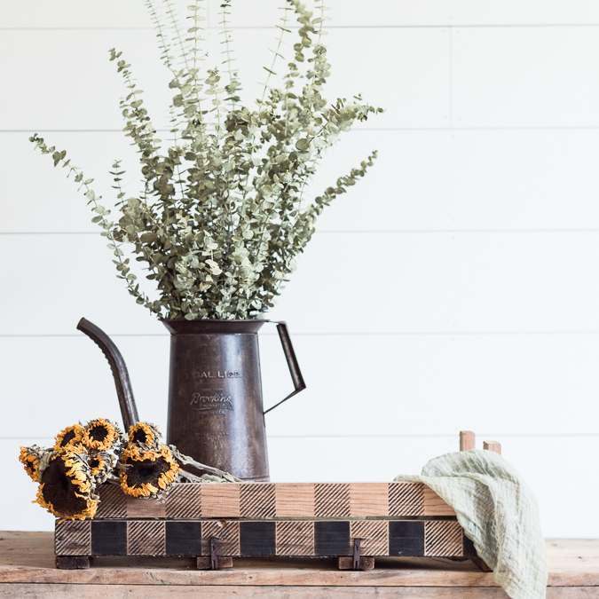 DIY Stenciled Tulip Crate Styled for Fall & stenciled using Funky Junk's Old Sign Stencils