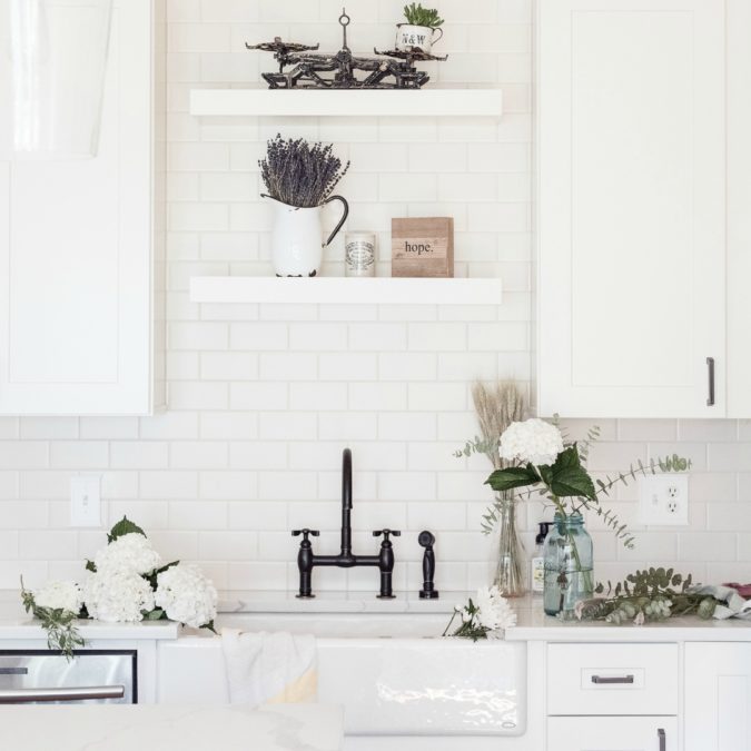 DIY Farmhouse Kitchen with Kohler sink, subway tile, and calacatta quartz countertops