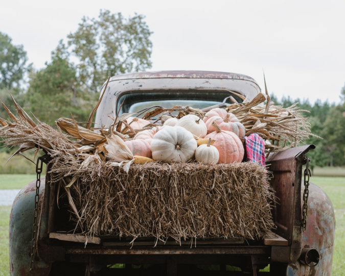 Old Truck for Fall. Pumpkins & hay bales